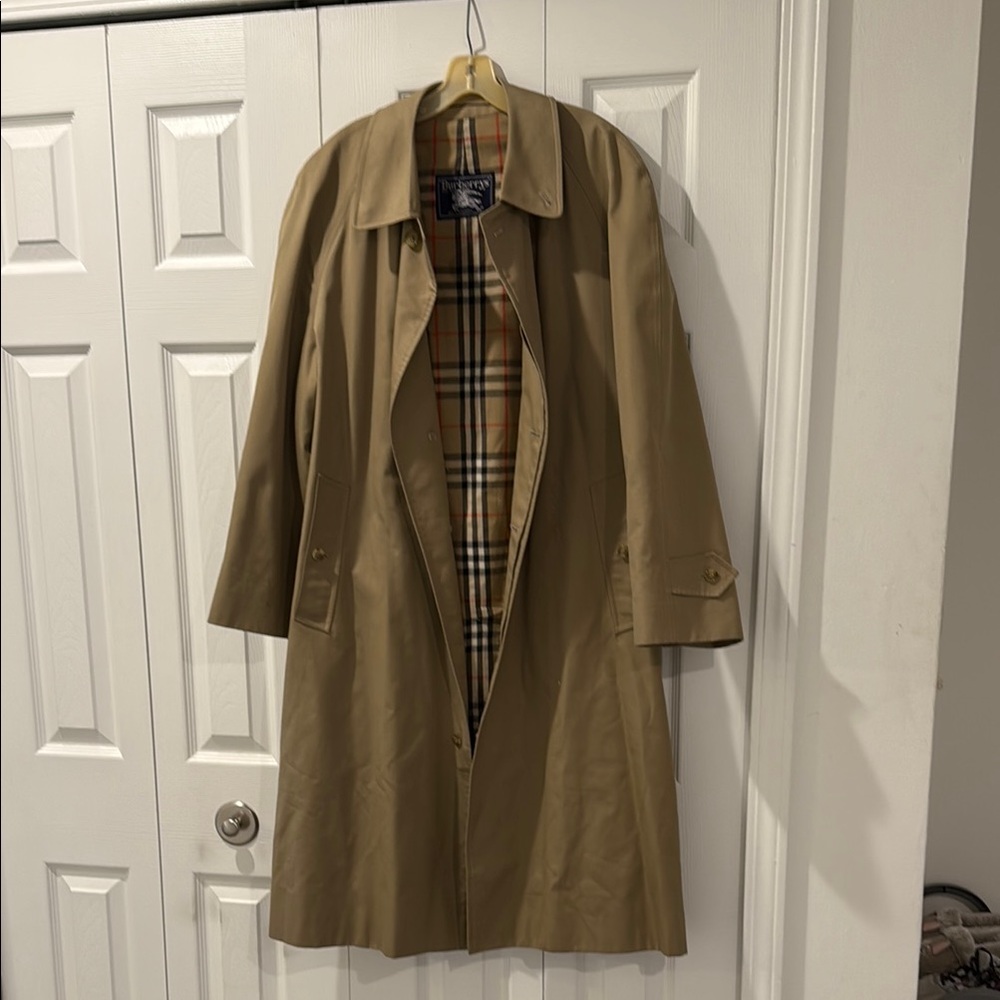 Burberrys’ of London Vintage Tan and Cream Trench Coat with Iconic Check Lining